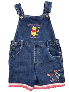 VTG Disney Winnie the Pooh Denim Short Overalls Girls 6 / 6X Eeyore 100% Cotton